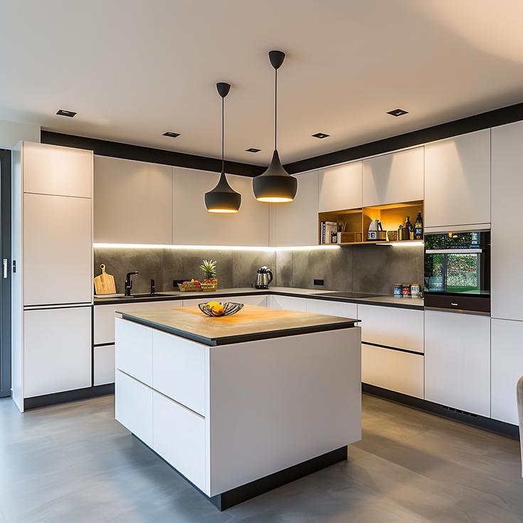 Kochinsel und Spülenmodul Rational tio Lack weiß matt, Hochschrankwand SieMatic