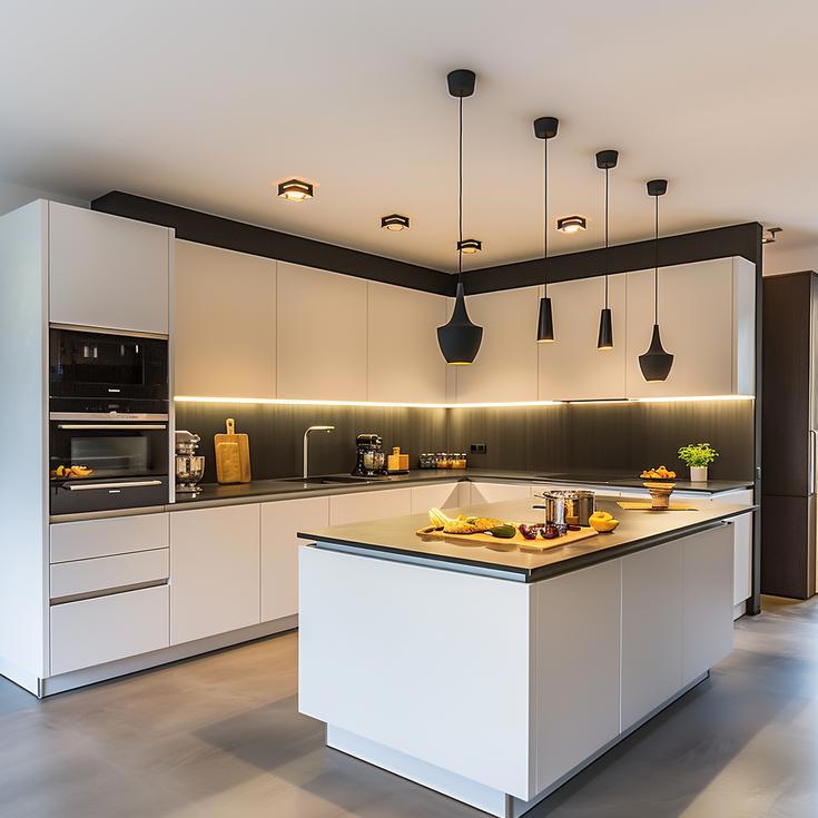 Kochinsel und Spülenmodul Rational tio Lack weiß matt, Hochschrankwand SieMatic