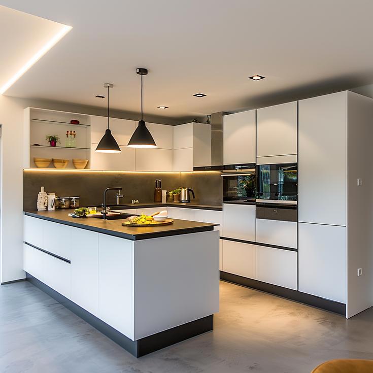 Kochinsel und Spülenmodul Rational tio Lack weiß matt, Hochschrankwand SieMatic